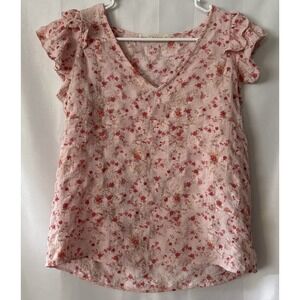 Fair Haven Pink Floral Blouse Size L Ruffle Coquette Feminine Dainty Crinkled